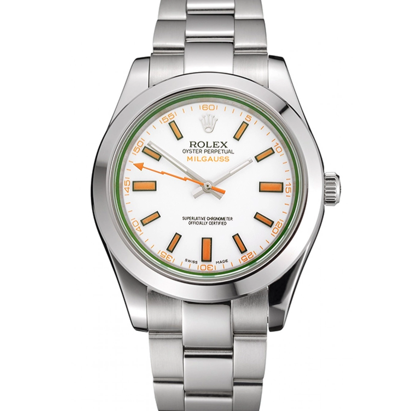 Aaa replica Stainless Case Milgauss White Markings And Orange Steel Bracelet Rolex Swiss Dial 0730